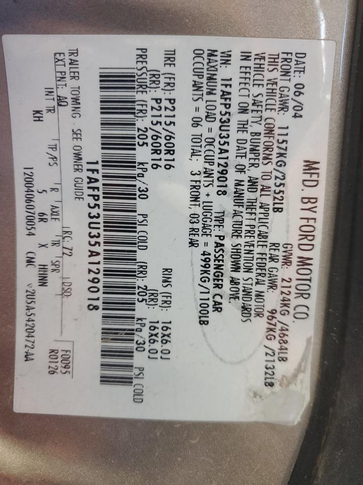 2005 Ford Taurus VIN 1FAFP53U35A129018 Copart auction photo, burn - engine / rear end damage thumbnail 14