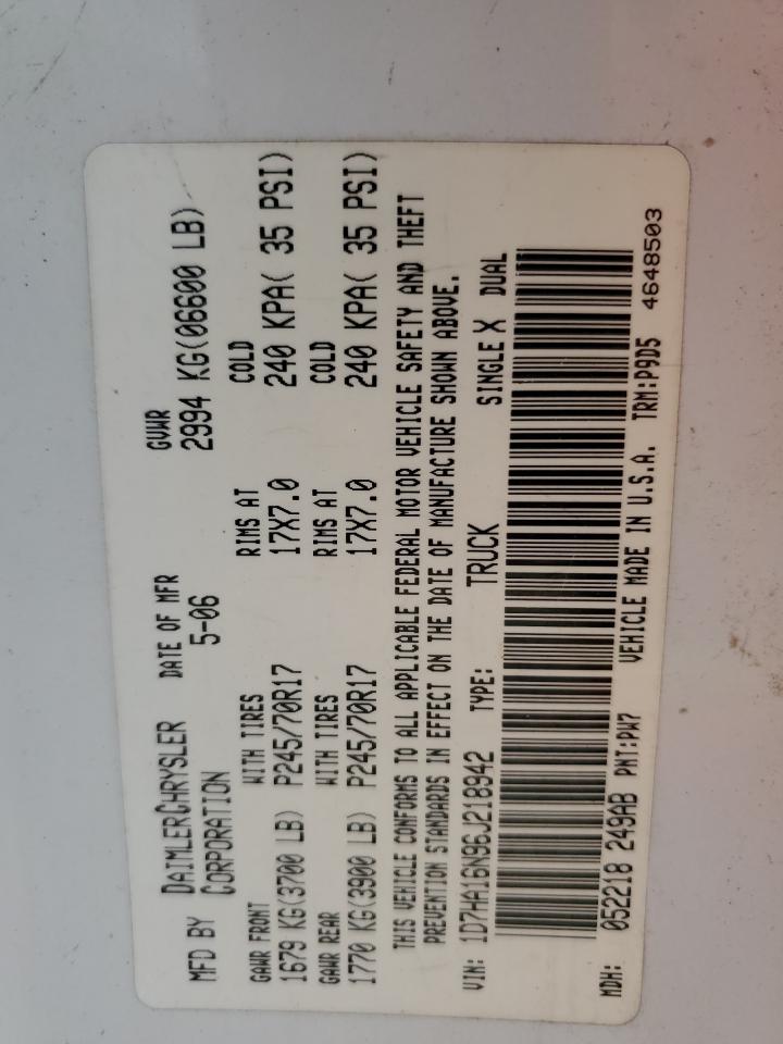 2006 Dodge RAM VIN 1D7HA16N96J218942 Copart auction photo, minor dent/scratches damage thumbnail 12