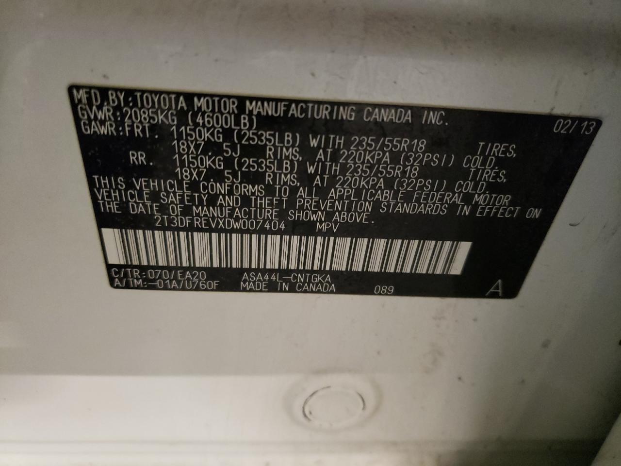 2013 Toyota RAV 4 VIN 2T3DFREVXDW007404 Copart auction photo, rear end / front end damage thumbnail 13