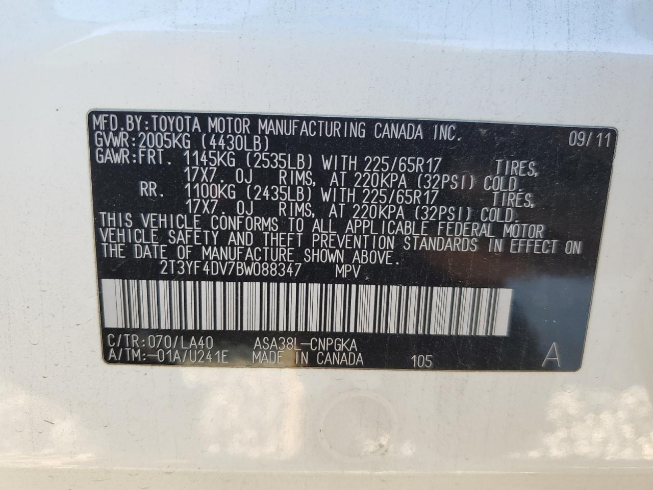 2011 Toyota RAV 4 VIN 2T3YF4DV7BW088347 Copart auction photo, all over damage thumbnail 13