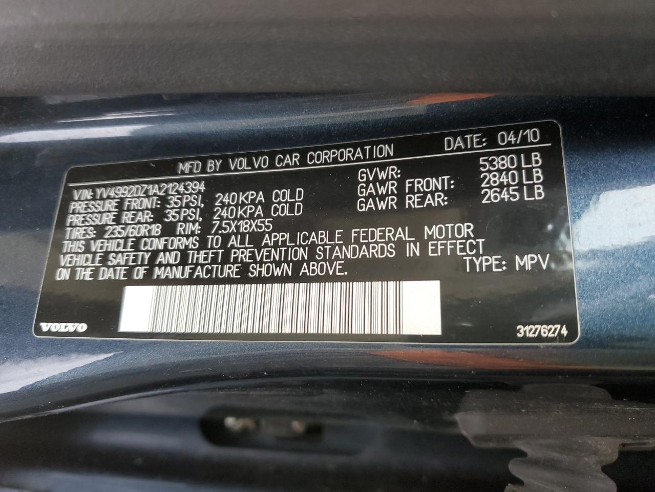 2010 Volvo XC60 VIN YV4992DZ1A2124394 Copart auction photo, front end damage thumbnail 15