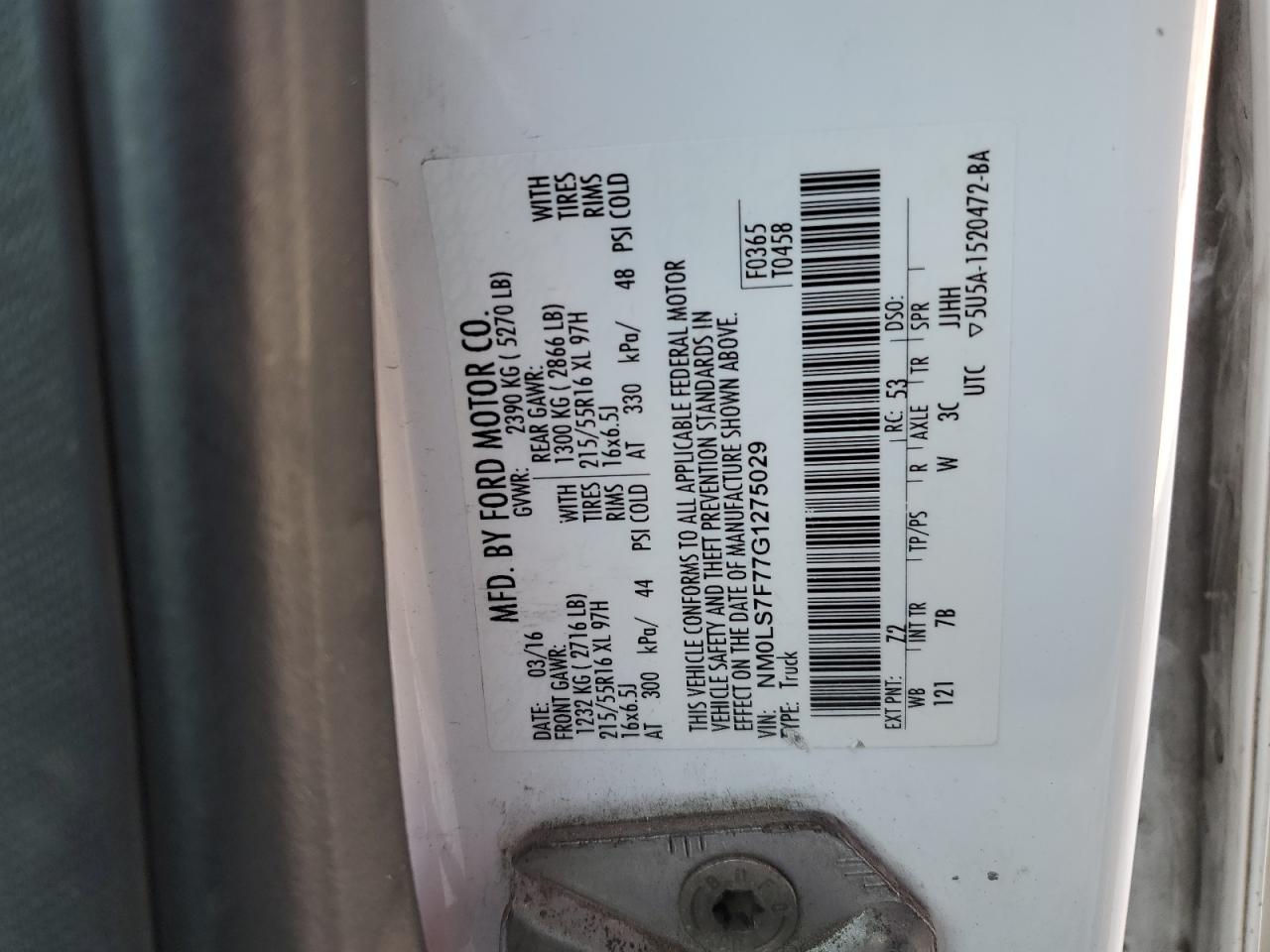 2016 Ford Transit VIN NM0LS7F77G1275029 Copart auction photo, rear end damage thumbnail 12