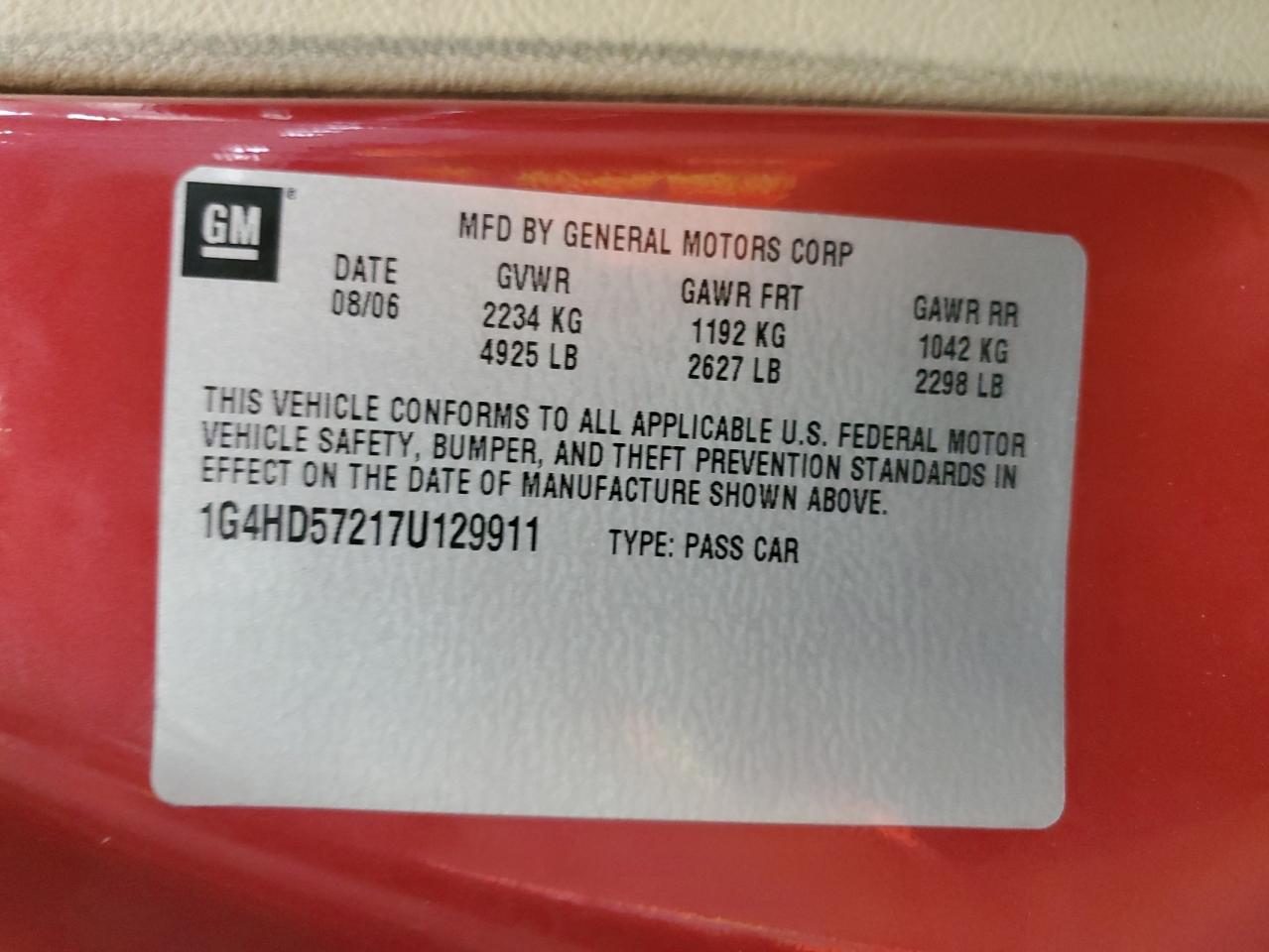 2007 Buick Lucerne VIN 1G4HD57217U129911 Copart auction photo, rear end / side damage thumbnail 14