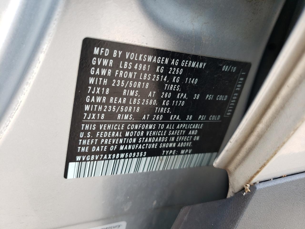 2011 Volkswagen Tiguan VIN WVGBV7AX9BW509353 Copart auction photo, front end / mechanical damage thumbnail 13