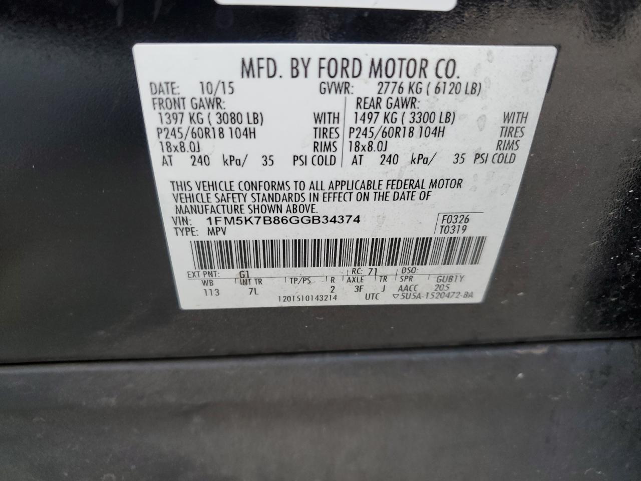 2016 Ford Explorer VIN 1FM5K7B86GGB34374 Copart auction photo, side / undercarriage damage thumbnail 12