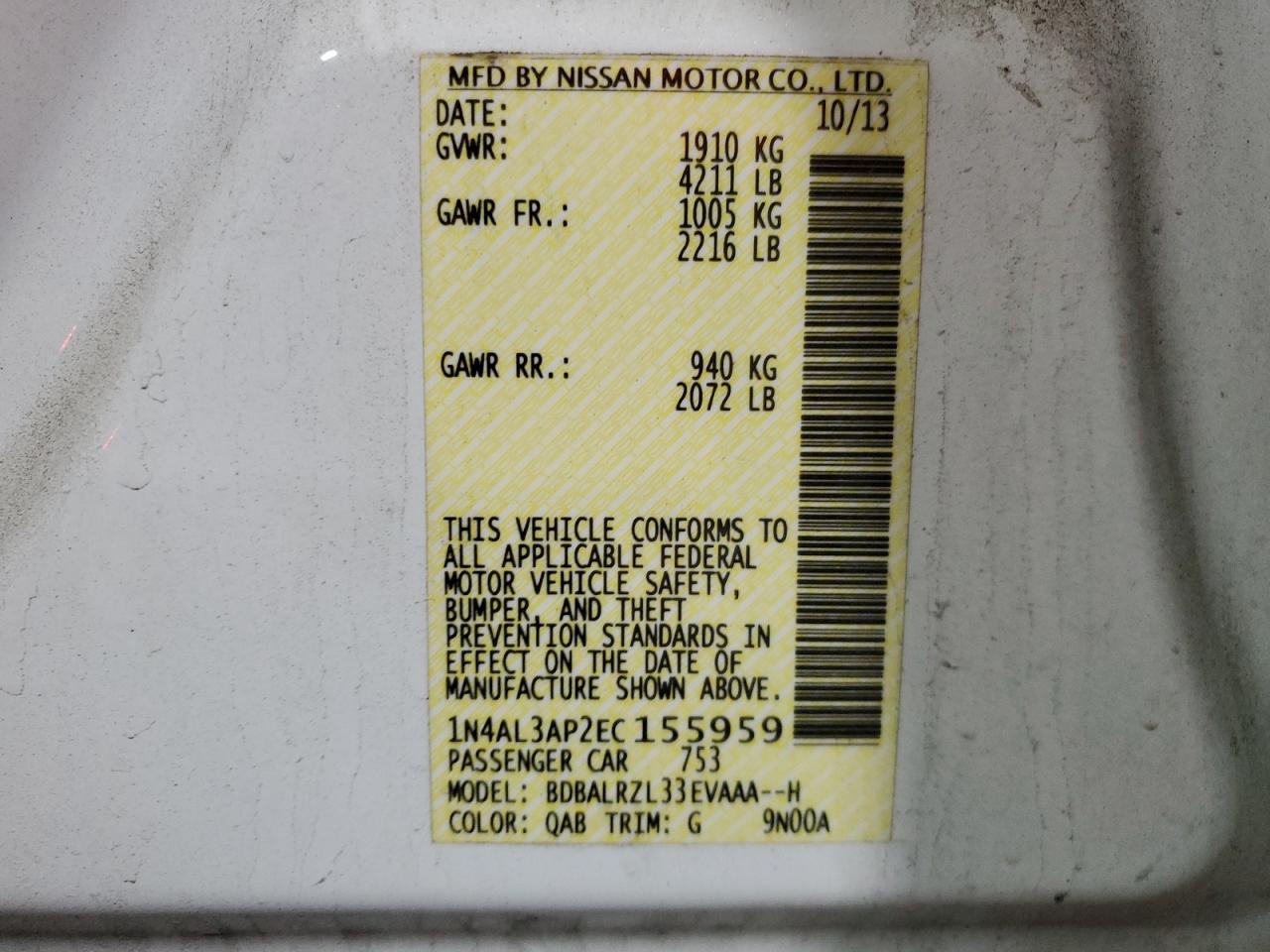 2014 Nissan Altima VIN 1N4AL3AP2EC155959 Copart auction photo, front end damage thumbnail 13