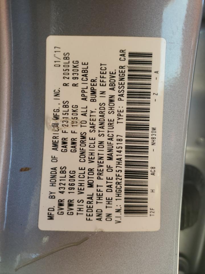 2017 Honda Accord VIN 1HGCR2F57HA145187 Copart auction photo, front end / minor dent/scratches damage thumbnail 12