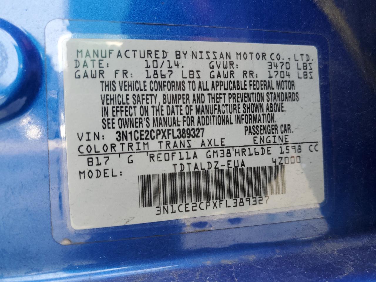 2015 Nissan Versa VIN 3N1CE2CPXFL389327 Copart auction photo, side / front end damage thumbnail 13