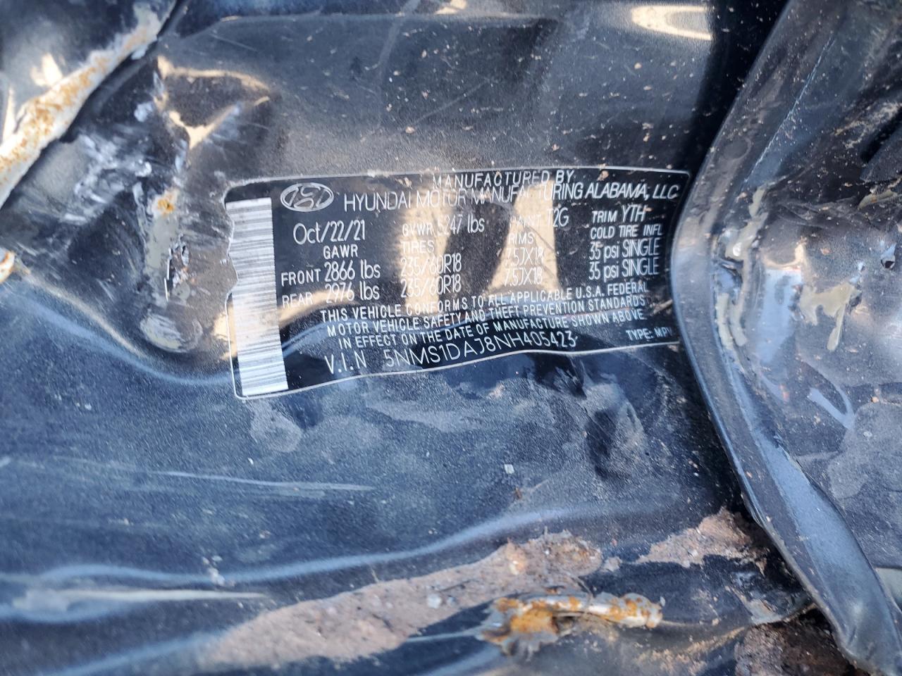 2022 Hyundai Santa Fe VIN 5NMS1DAJ8NH405423 Copart auction photo, all over damage thumbnail 14