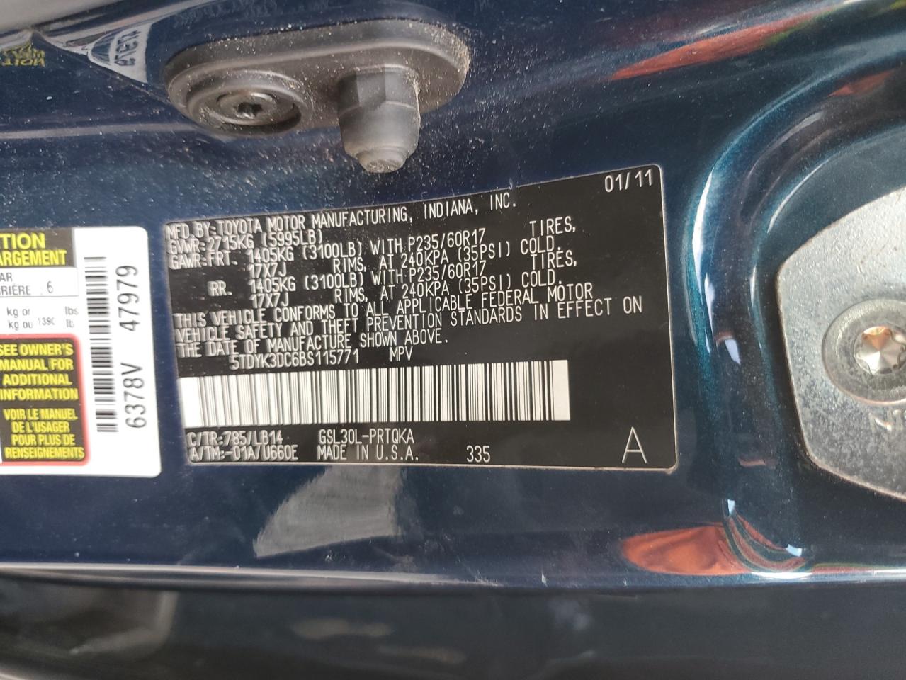 2011 Toyota Sienna VIN 5TDYK3DC6BS115771 Copart auction photo, front end / side damage thumbnail 13