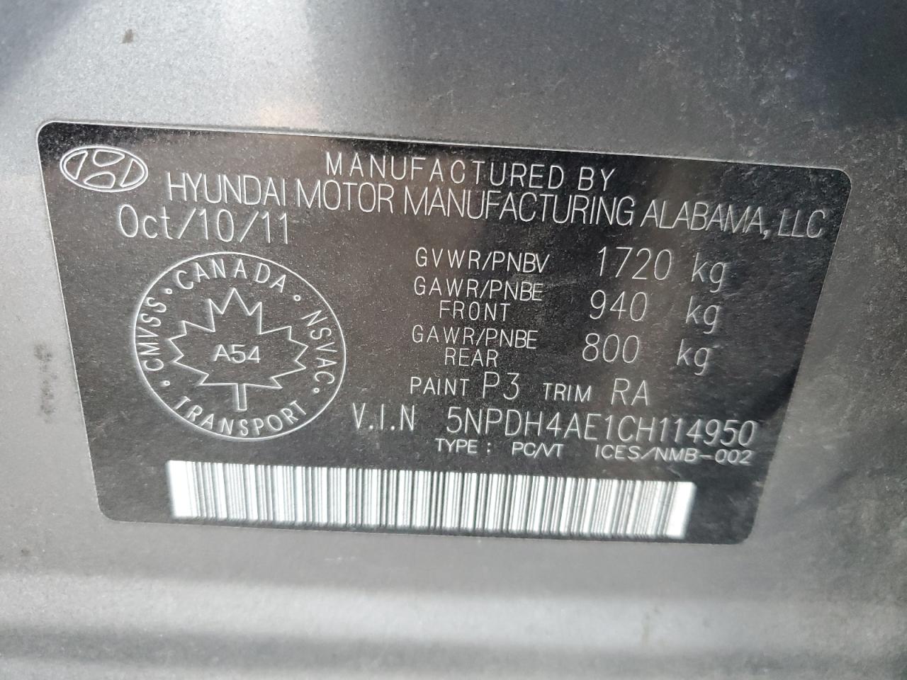 2012 Hyundai Elantra VIN 5NPDH4AE1CH114950 Copart auction photo, front end / side damage thumbnail 12