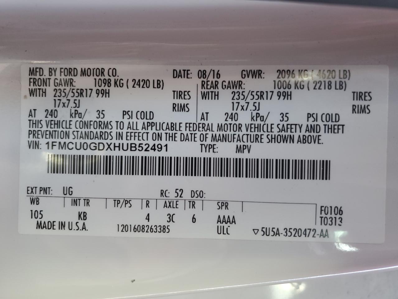 2017 Ford Escape VIN 1FMCU0GDXHUB52491 Copart auction photo, front end / side damage thumbnail 15