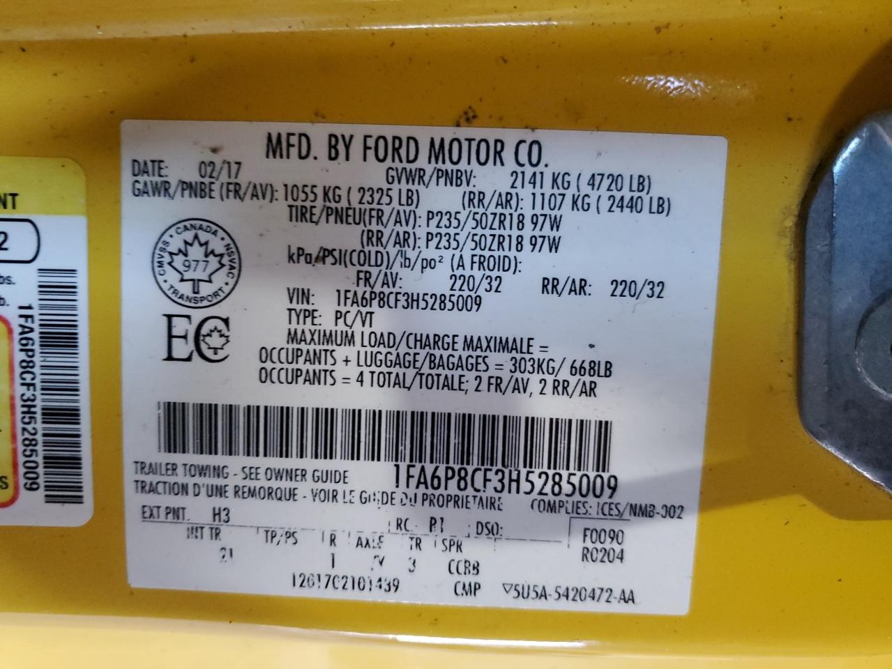 2017 Ford Mustang VIN 1FA6P8CF3H5285009 Copart auction photo, side / front end damage thumbnail 15