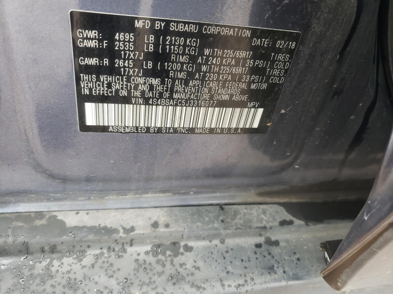 2018 Subaru Outback VIN 4S4BSAFC5J3316077 Copart auction photo, rear end / minor dent/scratches damage thumbnail 13