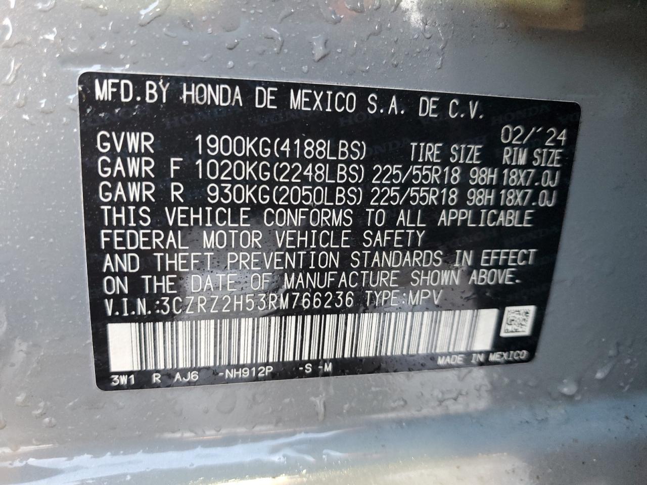 2024 Honda HR-V VIN 3CZRZ2H53RM766236 Copart auction photo, front end / rear end damage thumbnail 13
