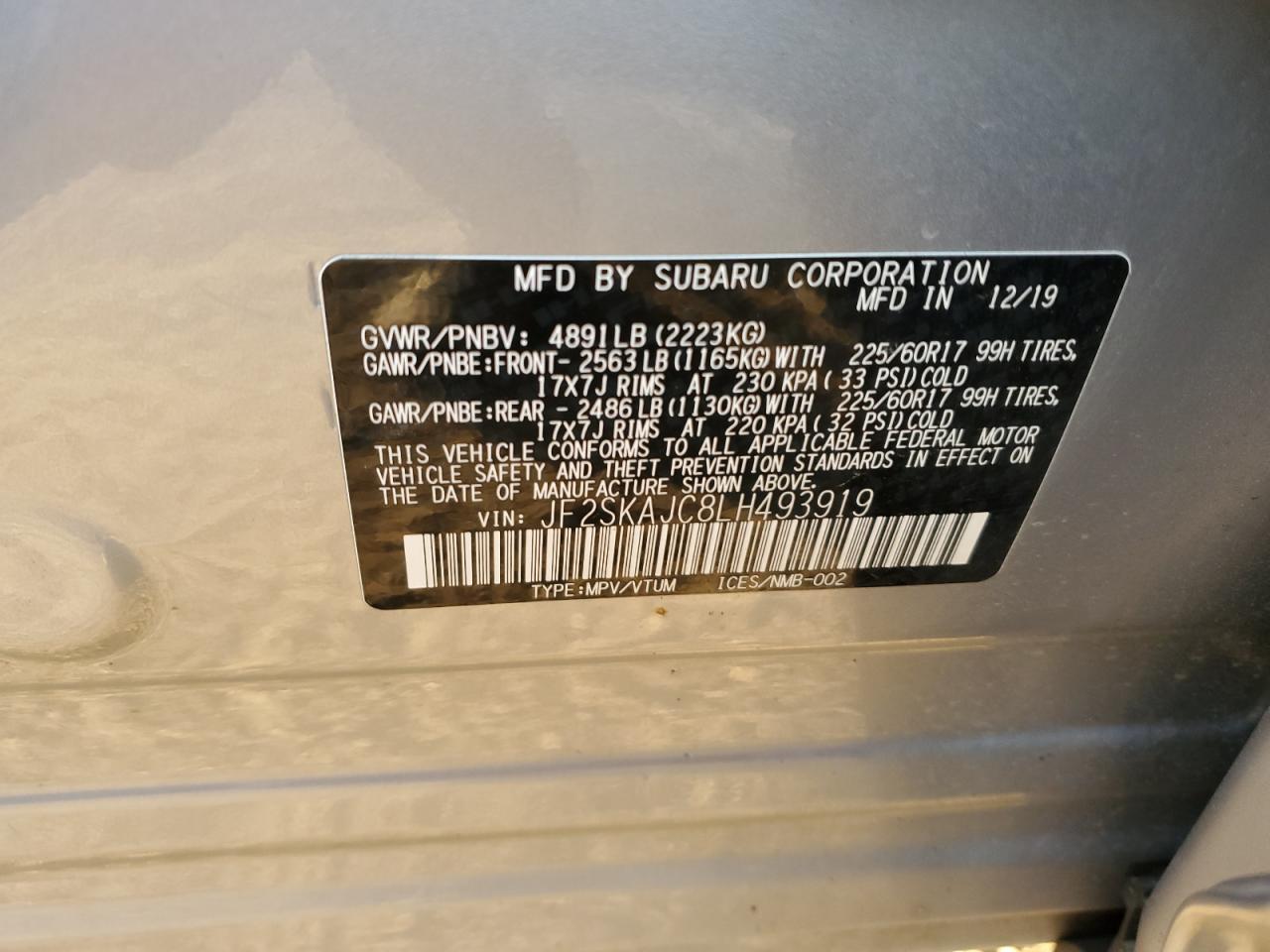 2020 Subaru Forester VIN JF2SKAJC8LH493919 Copart auction photo, all over damage thumbnail 14