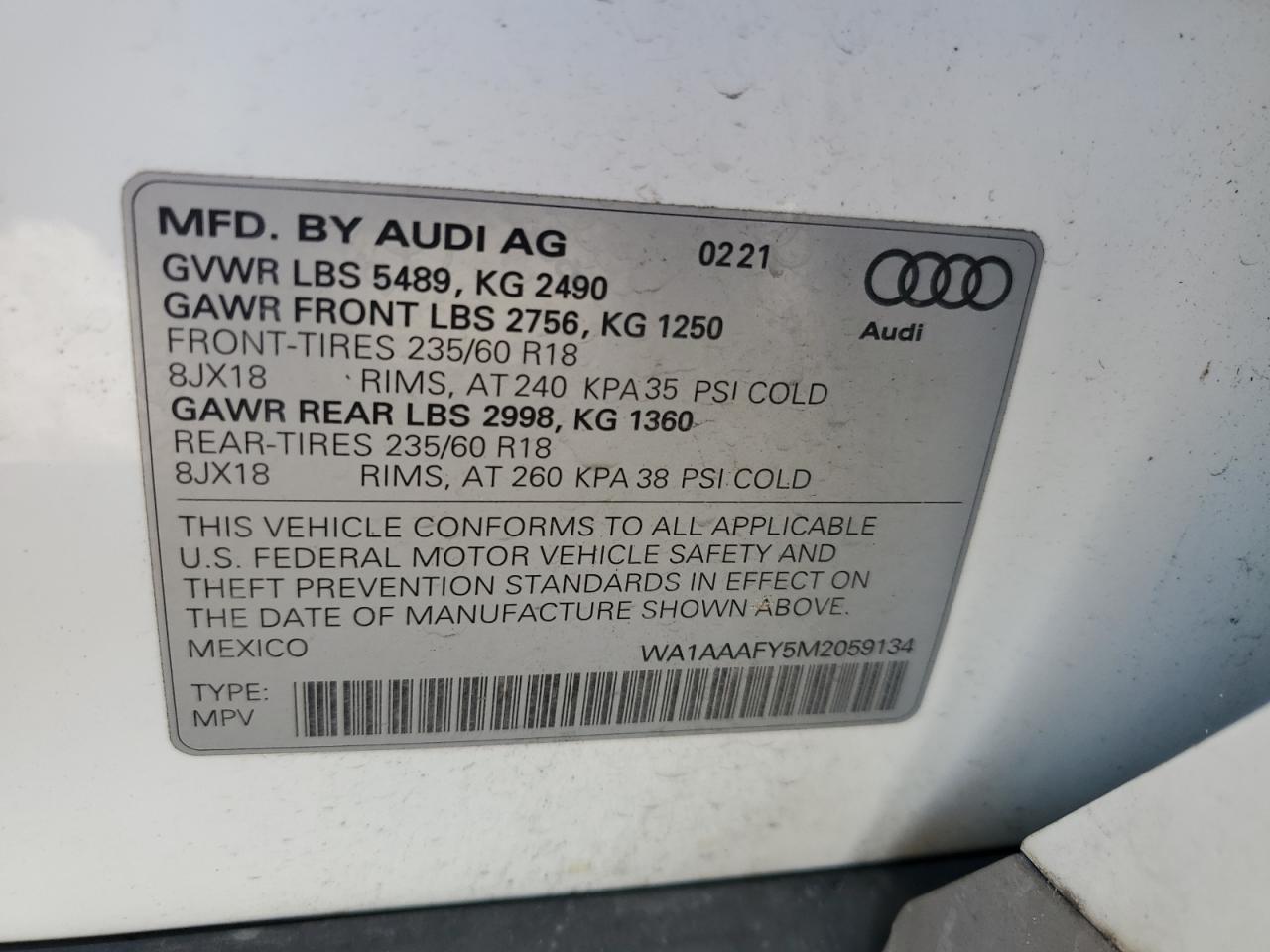 2021 Audi Q5 VIN WA1AAAFY5M2059134 Copart auction photo, side / front end damage thumbnail 14