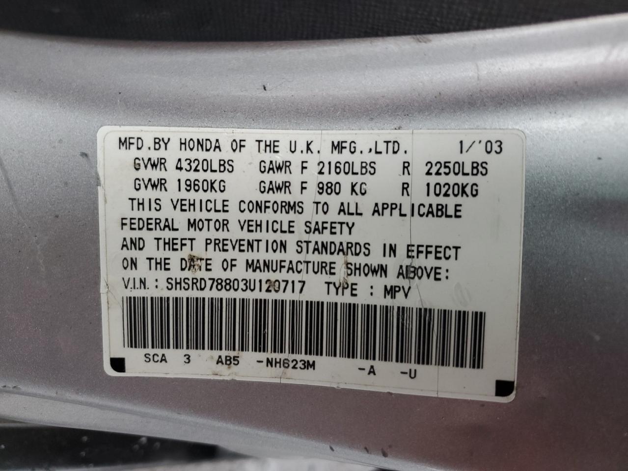 2003 Honda CR-V VIN SHSRD78803U120717 Copart auction photo, front end / rear end damage thumbnail 15