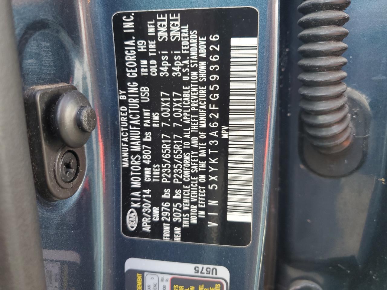 2015 KIA Sorento VIN 5XYKT3A62FG593626 Copart auction photo, water/flood damage thumbnail 14