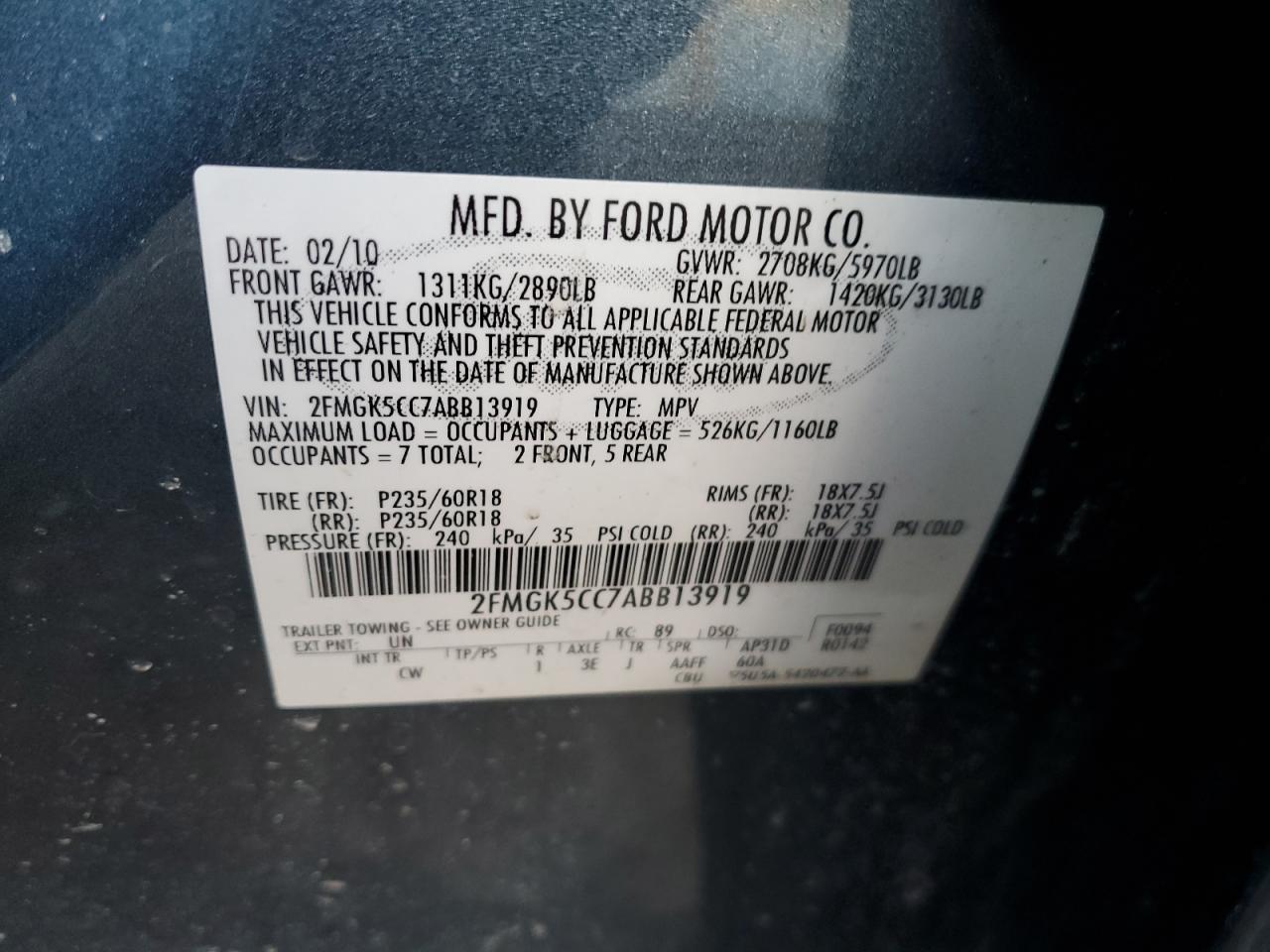 2010 Ford Flex VIN 2FMGK5CC7ABB13919 Copart auction photo, front end damage thumbnail 13