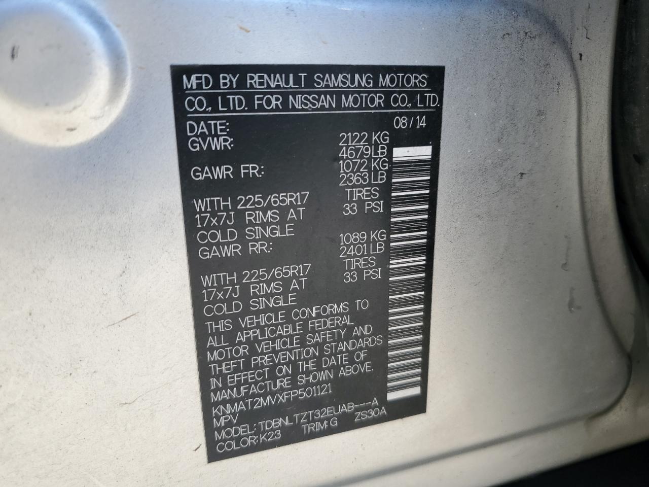 2015 Nissan Rogue VIN KNMAT2MVXFP501121 Copart auction photo, front end damage thumbnail 13