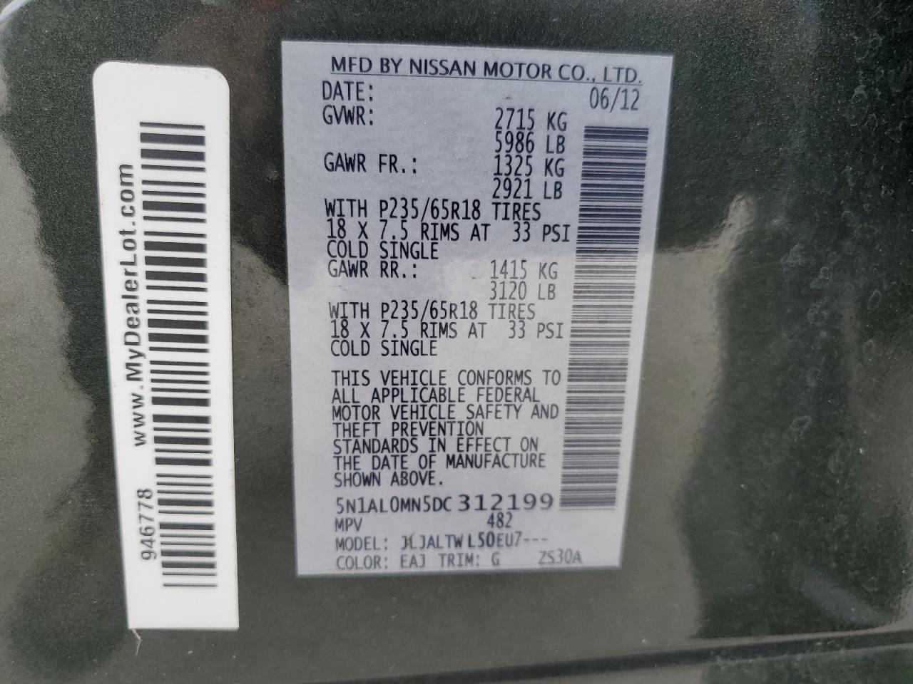 2013 Infiniti JX VIN 5N1AL0MN5DC312199 Copart auction photo, minor dent/scratches damage thumbnail 13