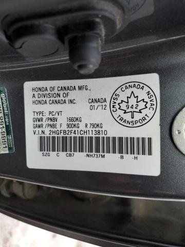 2012 Honda Civic VIN 2HGFB2F41CH113810 Copart auction photo, front end / minor dent/scratches damage thumbnail 12