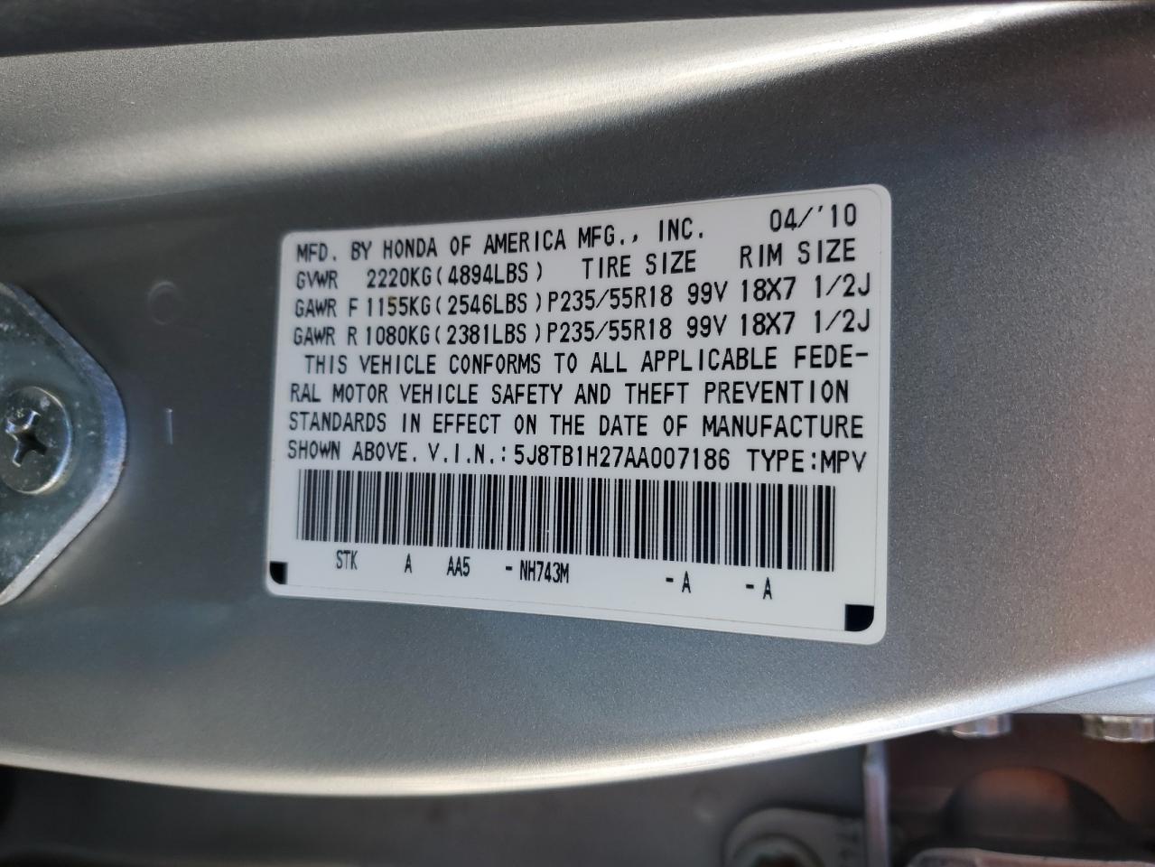 2010 Acura RDX VIN 5J8TB1H27AA007186 Copart auction photo, side / rear end damage thumbnail 12