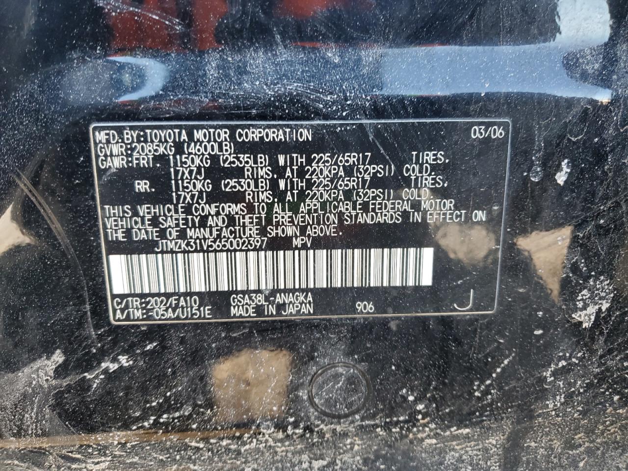 2006 Toyota RAV 4 VIN JTMZK31V565002397 Copart auction photo, rear end damage thumbnail 13