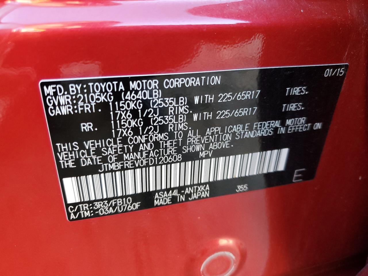 2015 Toyota RAV 4 VIN JTMBFREV0FD120608 Copart auction photo, rear end damage thumbnail 14