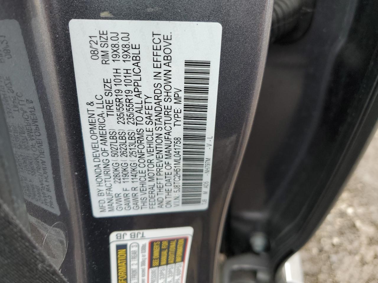 2021 Acura RDX VIN 5J8TC2H51ML041758 Copart auction photo, rear end / side damage thumbnail 14