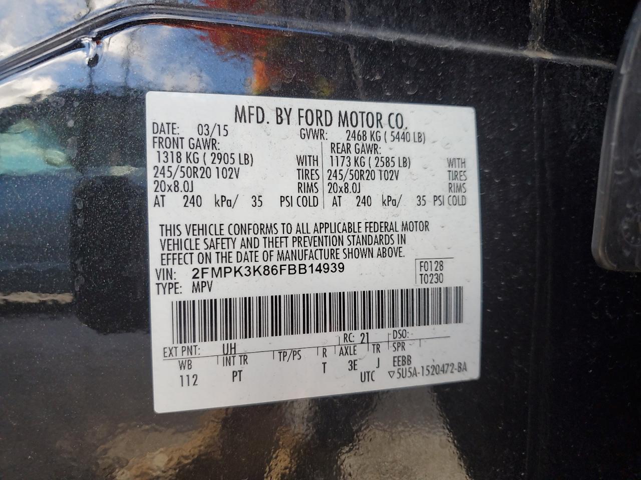 2015 Ford Edge VIN 2FMPK3K86FBB14939 Copart auction photo, side / undercarriage damage thumbnail 13