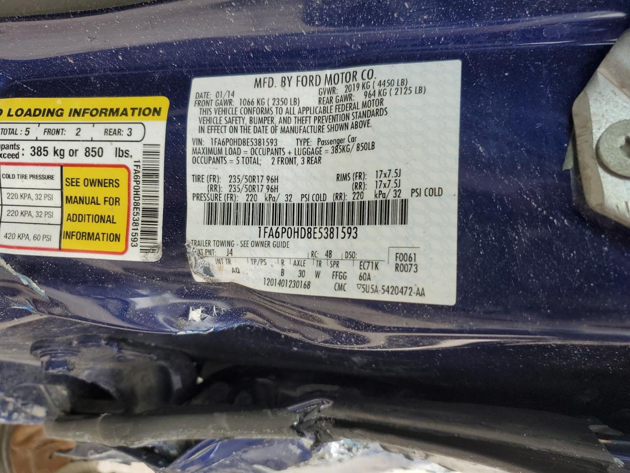 2014 Ford Fusion VIN 1FA6P0HD8E5381593 Copart auction photo, side / rear end damage thumbnail 14