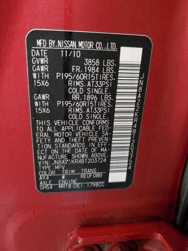 2011 Nissan Cube VIN JN8AZ2KR4BT203724 Copart auction photo, front end / side damage thumbnail 13