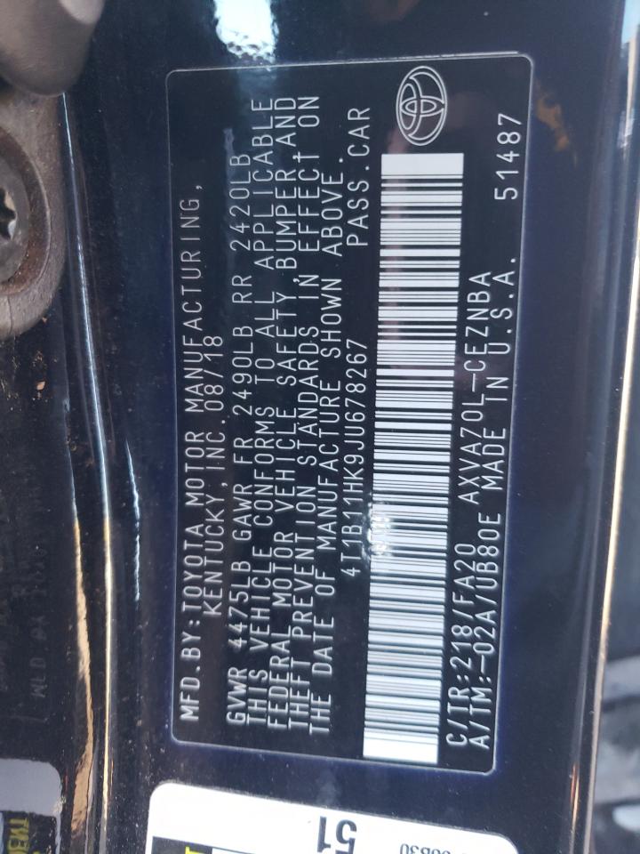 2018 Toyota Camry VIN 4T1B11HK9JU678267 Copart auction photo, front end / side damage thumbnail 13