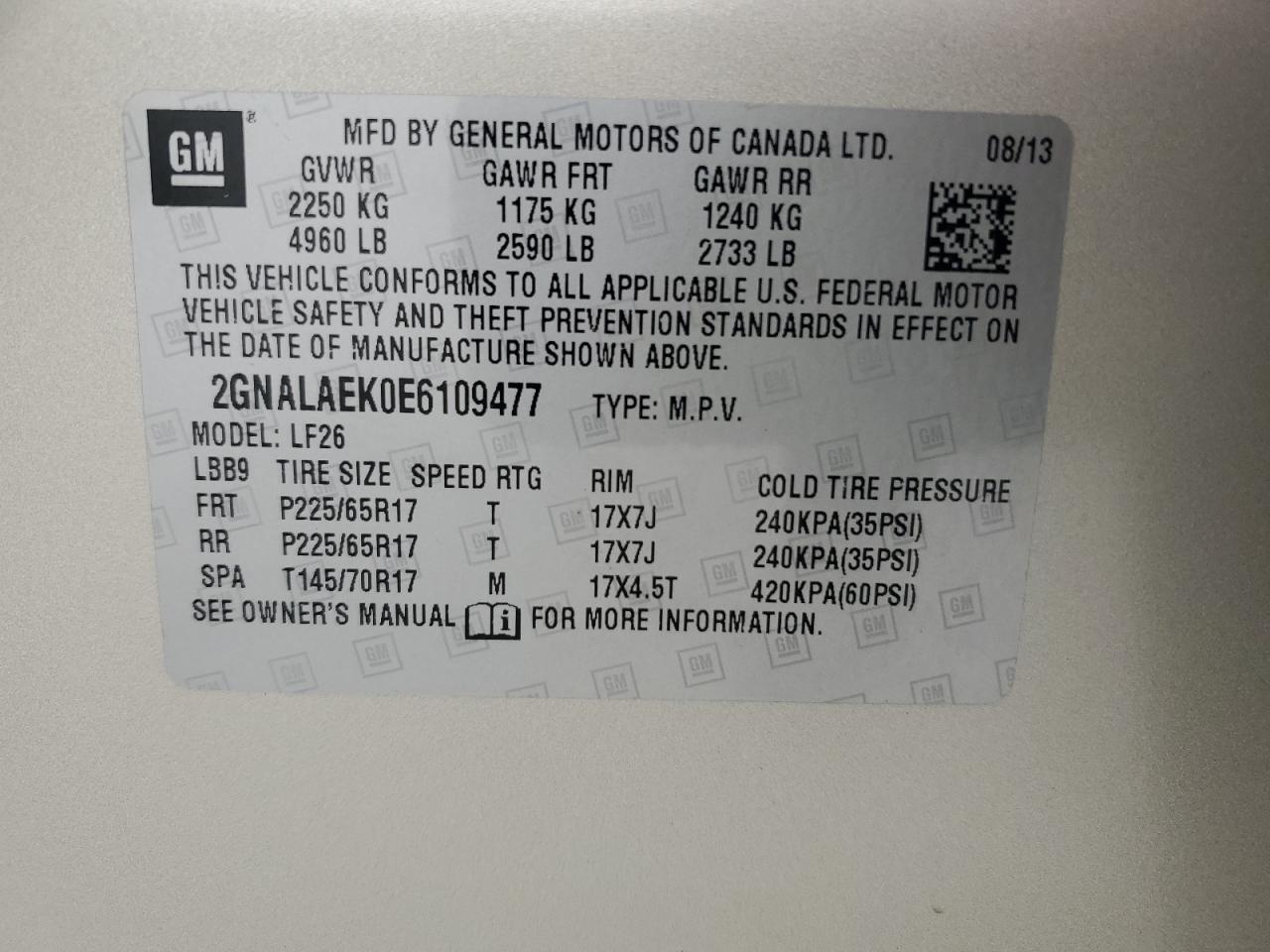 2014 Chevrolet Equinox VIN 2GNALAEK0E6109477 Copart auction photo, rear end / side damage thumbnail 15