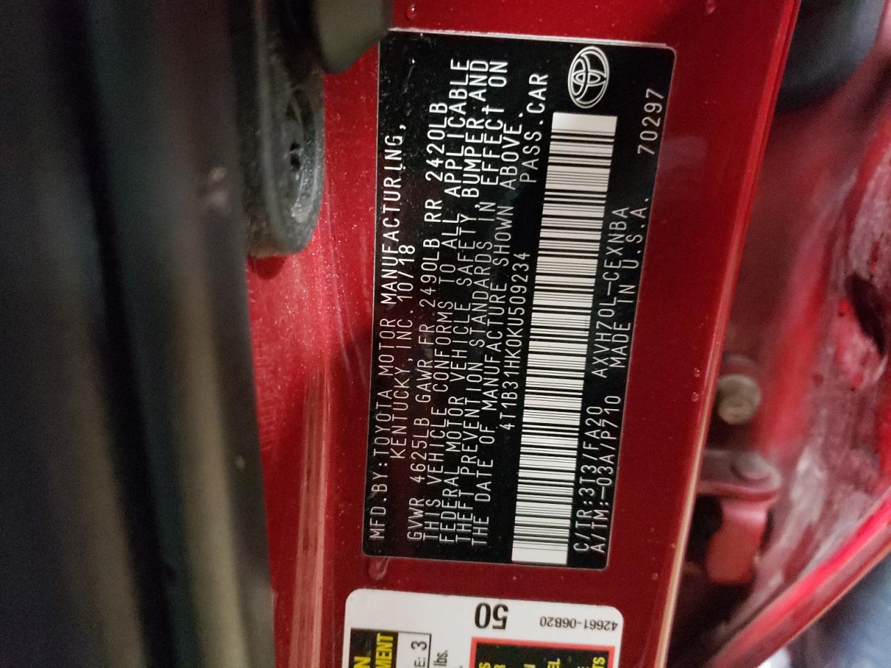 2019 Toyota Camry VIN 4T1B31HK0KU509234 Copart auction photo, front end damage thumbnail 12