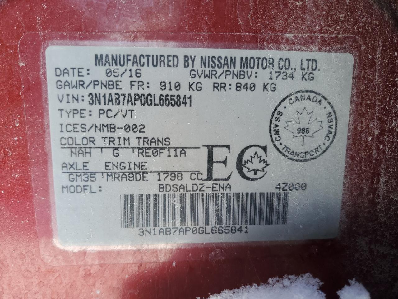 2016 Nissan Sentra VIN 3N1AB7AP0GL665841 Copart auction photo, front end / side damage thumbnail 13