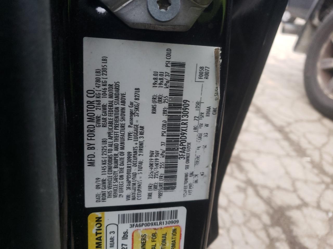 2020 Ford Fusion VIN 3FA6P0D9XLR130909 Copart auction photo, burn damage thumbnail 12
