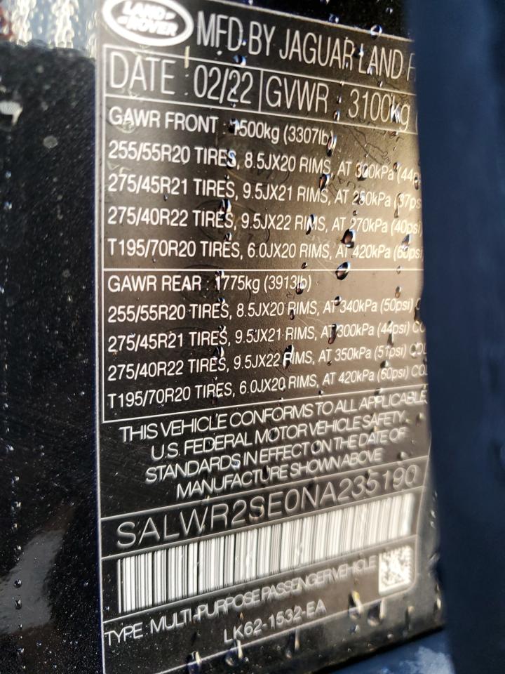 2022 Land Rover Range Rover VIN SALWR2SE0NA235190 Copart auction photo, front end damage thumbnail 13