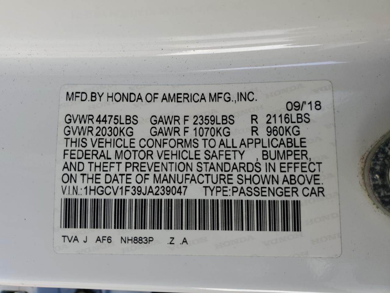 2018 Honda Accord VIN 1HGCV1F39JA239047 Copart auction photo, front end / minor dent/scratches damage thumbnail 15