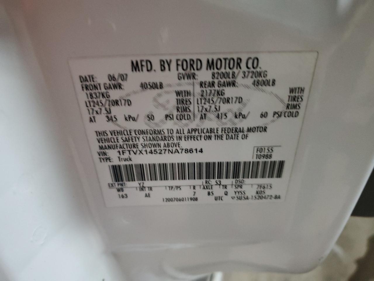 2007 Ford F-150 VIN 1FTVX14527NA78614 Copart auction photo, side / minor dent/scratches damage thumbnail 14