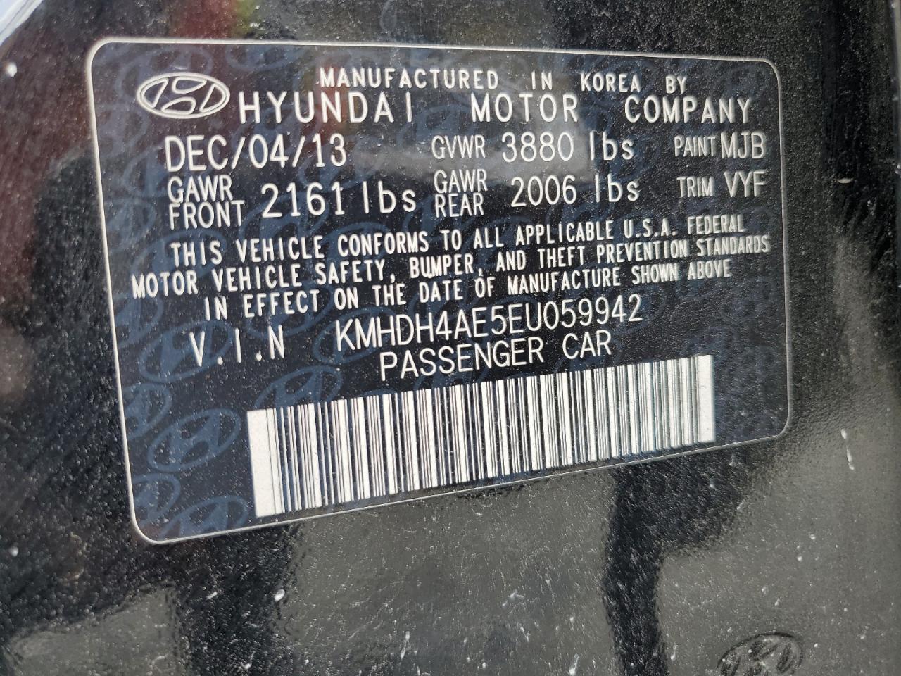 2014 Hyundai Elantra VIN KMHDH4AE5EU059942 Copart auction photo, front end damage thumbnail 12