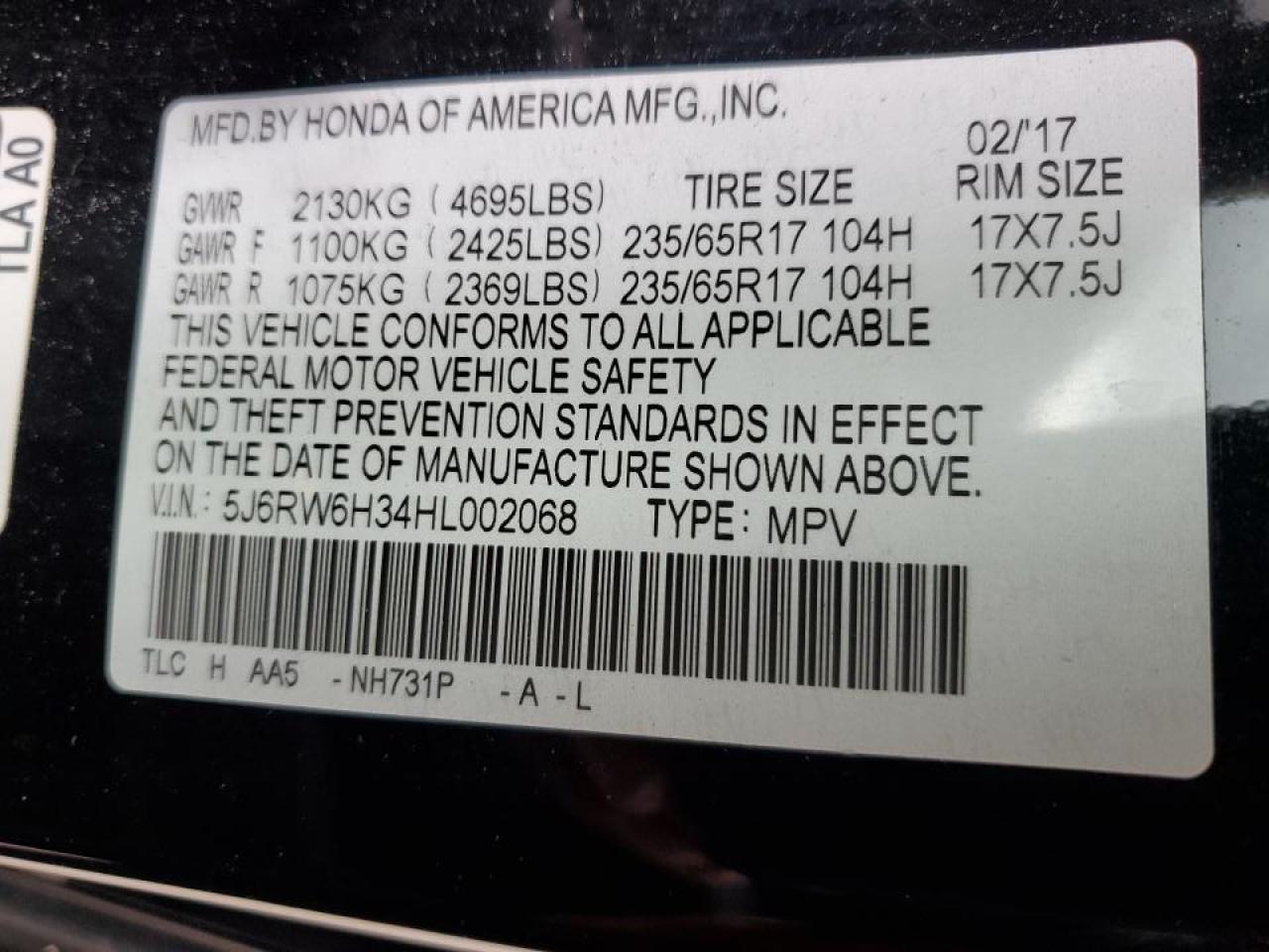 2017 Honda CR-V VIN 5J6RW6H34HL002068 Copart auction photo, front end / minor dent/scratches damage thumbnail 13