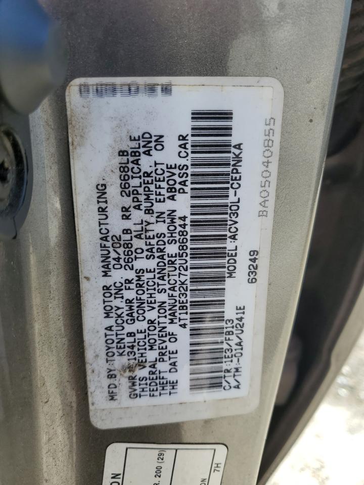 2002 Toyota Camry VIN 4T1BE32K72U586844 Copart auction photo, front end damage thumbnail 13
