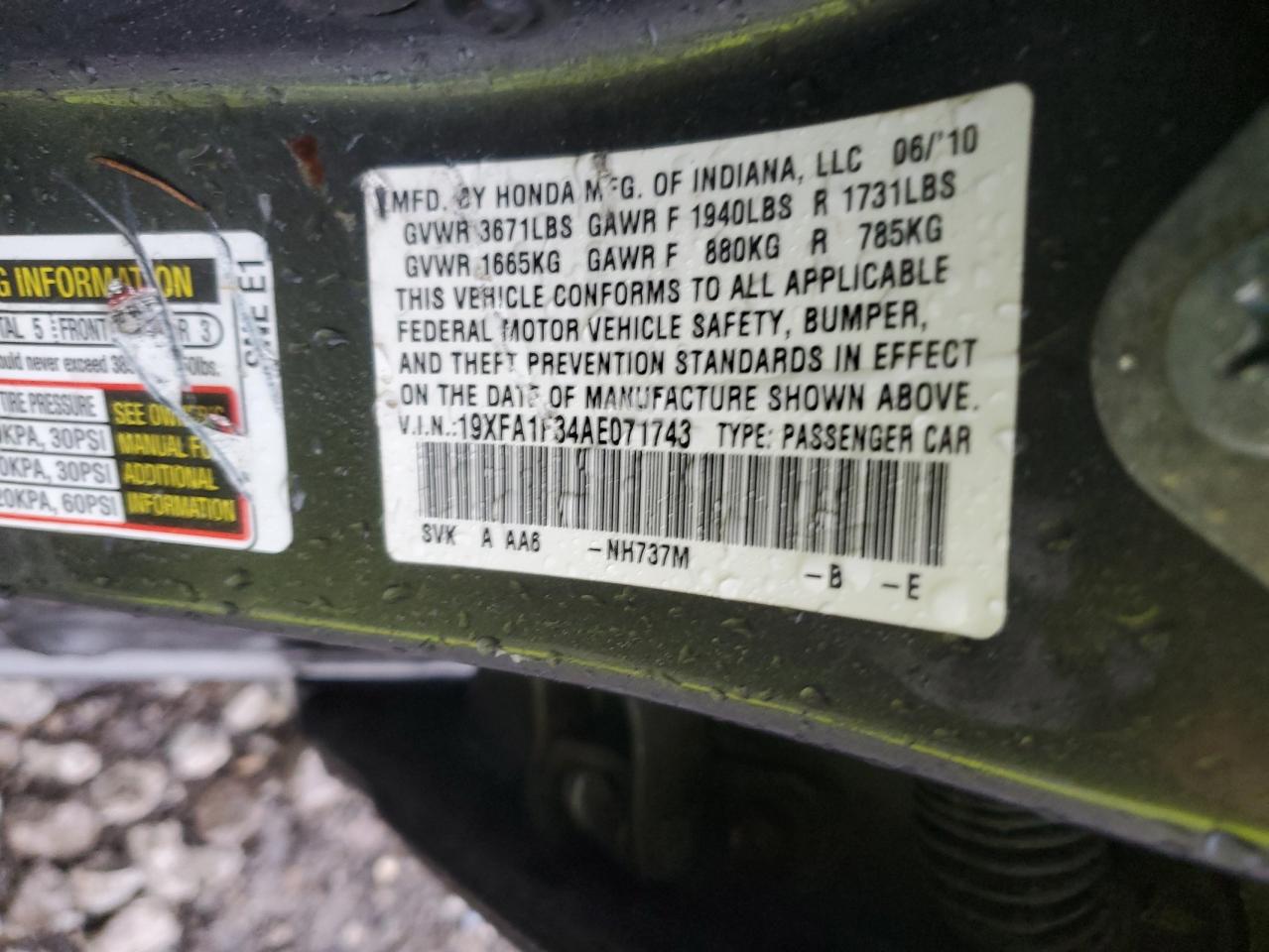 2010 Honda Civic VIN 19XFA1F34AE071743 Copart auction photo, front end damage thumbnail 12