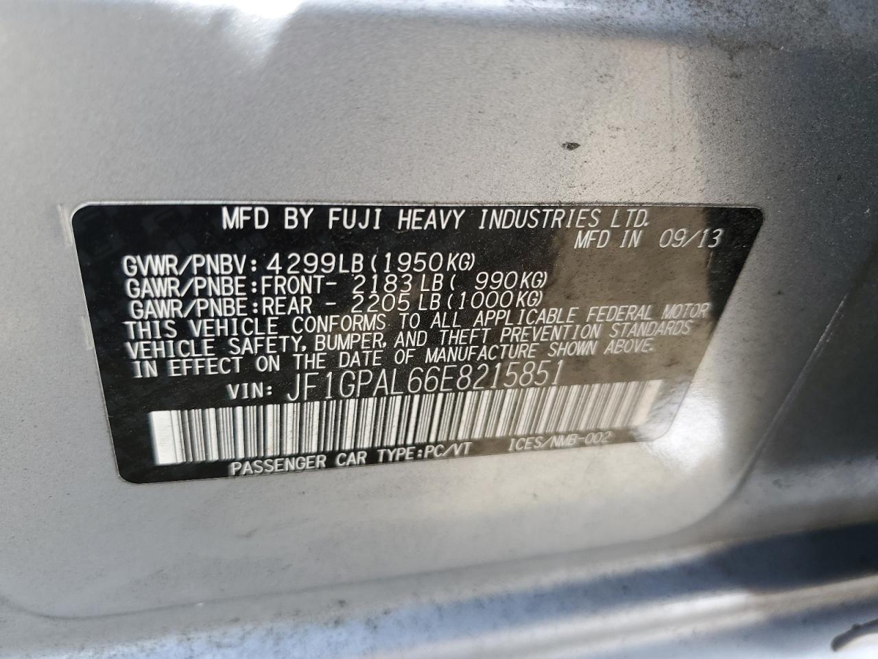 2014 Subaru Impreza VIN JF1GPAL66E8215851 Copart auction photo, front end damage thumbnail 13