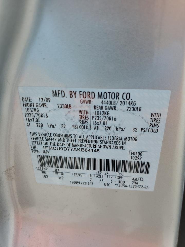 2010 Ford Escape VIN 1FMCU0D77AKB64145 Copart auction photo, side / front end damage thumbnail 13