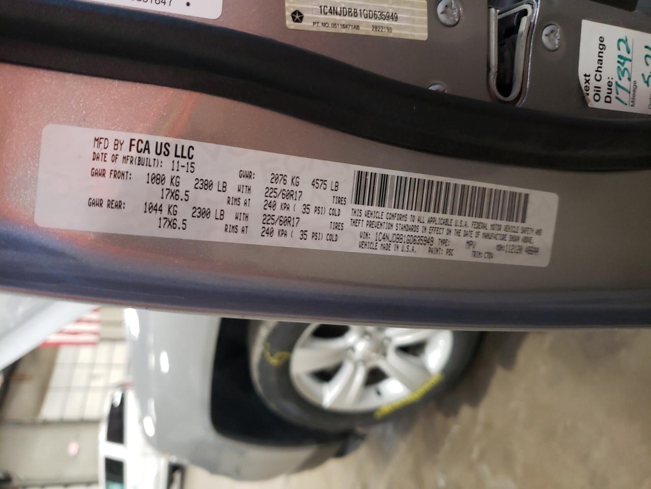 2016 Jeep Compass VIN 1C4NJDBB1GD635949 Copart auction photo, front end damage thumbnail 15