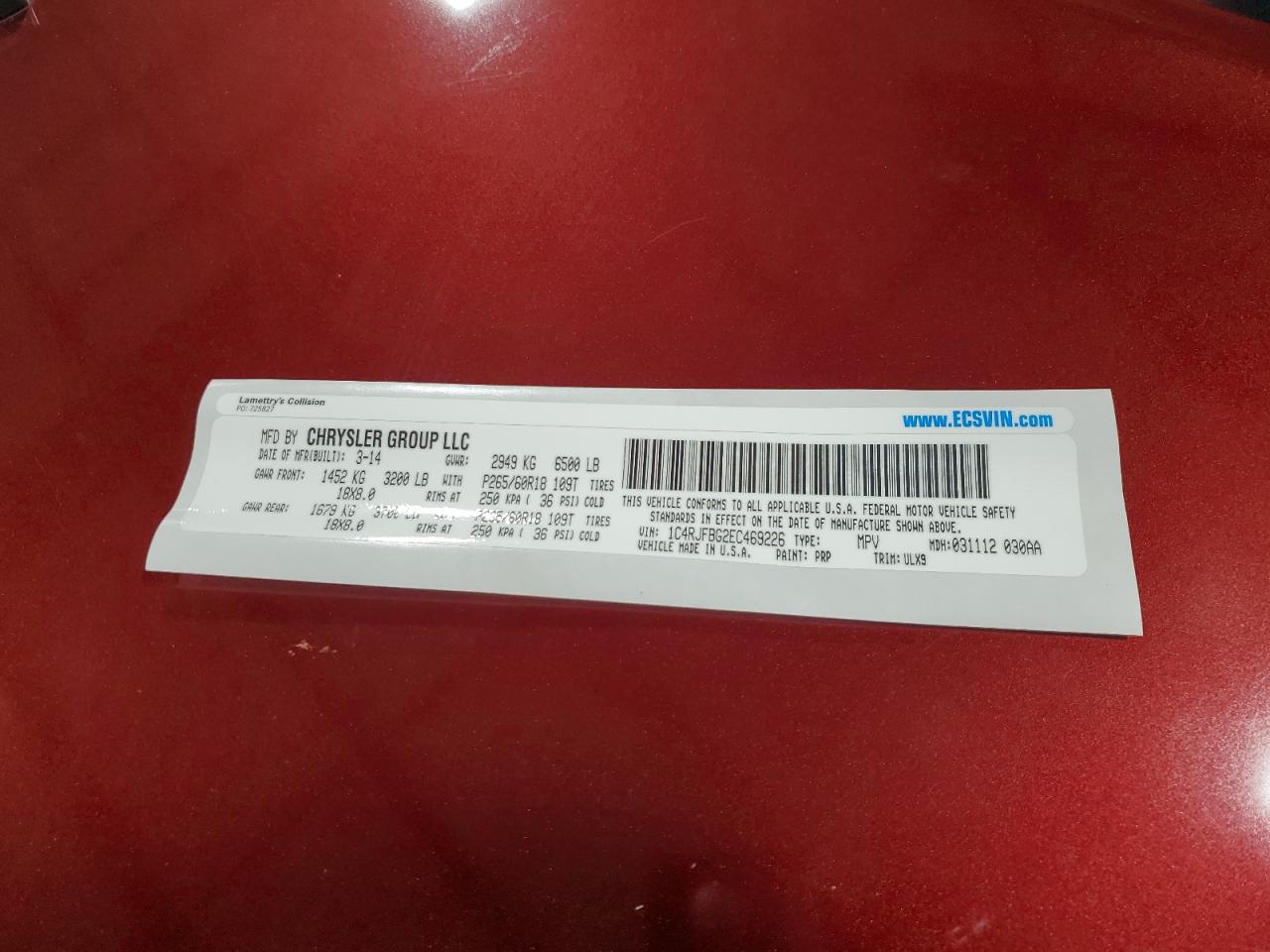 2014 Jeep Grand Cherokee VIN 1C4RJFBG2EC469226 Copart auction photo, side / rear end damage thumbnail 15